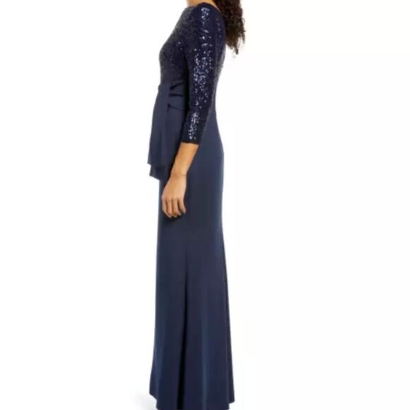 NWT ELIZA J Navy Sequin Bodice Stretch Knit Skirt Pleated Bow Detail Maxi Gown 8 - Picture 4 of 10